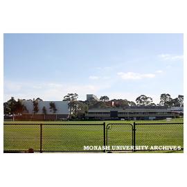 Playing fields with Sports and Recreation Centre in background, Clayton campus.