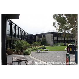 Rose garden in front of Building 1N (left) and Building 1E, Gippsland campus