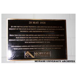 Yallourn Technical College plaque at Gippsland campus