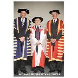 Vice-Chancellor Professor Richard Larkins (left), Dr Hussain Al-Shahristani and Chancellor Mr Jerry Ellis after award of honorary Doctor of Laws