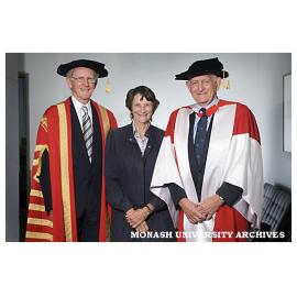 Chancellor Mr Jerry Ellis (left) with Dr Geoffrey Vaughan and Mrs Vaughan after award of honorary Doctor of Laws