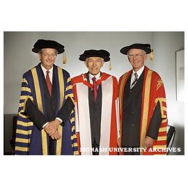 Governor of Victoria Professor David de Kretser (centre) after award of honorary Doctor of Laws with Professor Richard Larkins (left) and Chancellor Mr Jerry Ellis