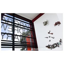 Sculpture 'Homage to Lawrence Hargrave' by John Perceval on wall of Hargrave-Andrew library