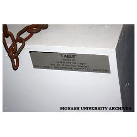 Plaque of "Fable" sculpture by Eva J Volny, Gippsland campus