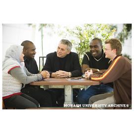Professor Rob Willis (centre) meets with Nonzahriyah Adun (left), Mohammed Aliyu, Edwin Mwiti and Keegan Street at the Berwick campus.