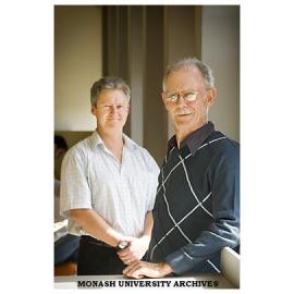 Gary Swinton (right), cartographer in the School of Geography and Environmental Science for 40 years. Pictured with Professor Chris Cocklin, Head of School