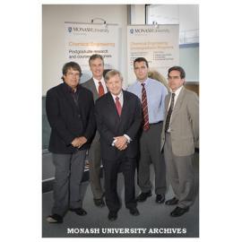 A bio-engineering laboratory launch, Professor Alan Trounson (Left), Professor John Sheridan, Mr Matt Viney the Victorian Parliamentary Secretary for Innovation and Industry, Dr Gareth Forde, and Professor Martin Rhodes