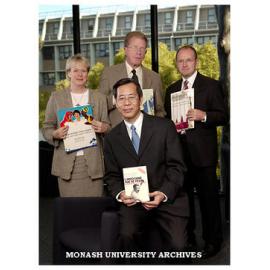 Royal Cambodian archive donated to Monash University. Ms Cathrine Harboe-Ree, His Excellency Mr Meas Kim Heng, Emeritus Professor David Chandler and Senior DVC Professor Stephen Parker.