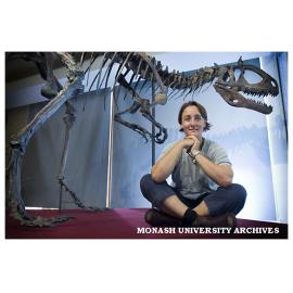 'Wildlife of Gondwana' exhibition manager Dr Corrie Williams with Cryolophosaurus, a meat eating dinosaur from the Jurassic period.