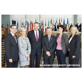 The launch of the Monash European and EU Centre, Associate Professor Marko Pavlyshyn (left), Professor Stephanie Fahey; Vice-Chancellor Richard Larkins; His Excellency Mr Bruno Julien, Dr Natalie Doyle, Professor Merran Evans