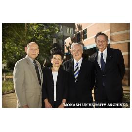Retirement of Professor Graeme Davison, Sir John Monash Distinguished Professor of History, (second right), with Professor Homer Le Grand, Professor Barbara Caine and Vice-Chancellor Richard Larkins.