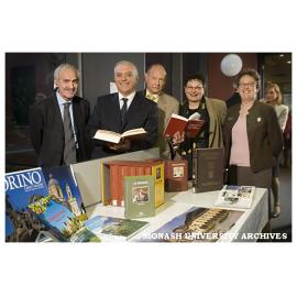 Dr Francesco De Conno, the Hon. Nicola Bono, Professor Homer Le Grand, Dr Mirna Cicioni, and Ms Christine Cooze, at the donation of books from the Italian Ministry of Cultural Heritage