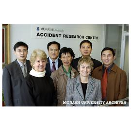 Chinese delegation visiting the Accident Research Centre (MUARC). Chen La (left), Professor Joan Ozanne-Smith, Dr Wang Jianyu, Dr Liu Liqun, Ms Virginia Routley, Dr Yu Min, and Mr Zhang Heping