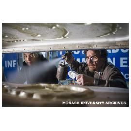 Mr Peter Turley (Head Mechanist), and Ms Sayraphim Lothian set building in the Alexander Theatre workshop for the inaugural International Puppet Carnival