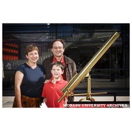 Christopher Durre, great-great-grandson of Sir John Monash with his father Mark and aunt Caroline and Sir John Monash's telescope.