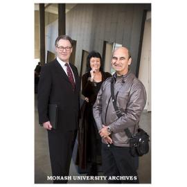 Professor John Redmond (left) with Dr Gene Sherman and Stelarc (Stelios Arcadiou)