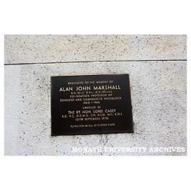 Memorial plaque for Alan John (Jock) Marshall, on wall of Science lecture theatres, Clayton campus