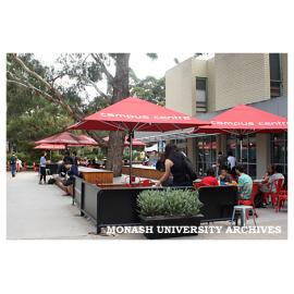 Outdoor seating at the Campus Centre, Clayton campus