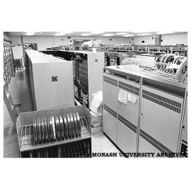 Computer Centre with Burroughs cabinets, VAX 11/780 (right)and magnetic tape library (far left)