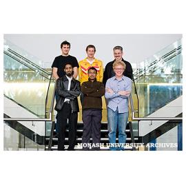 Monash e-Research Centre scholarship holders, Andrew Clarke (back, left), Nick Boustead, Chris Ellis, Jabed Bhuiyan (front), Aynul Kabir, Christopher Butler