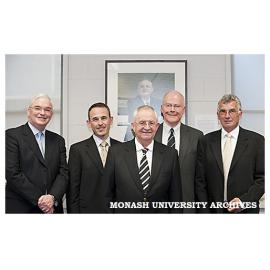 Peter Marshall (left), John Levine, Peter Wade, Renn Wortley and John Trembath at opening of the Peter Wade Meeting Room in building 3B, Clayton Campus