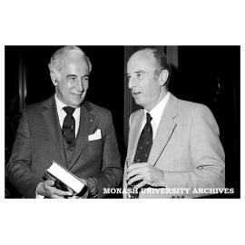 Governor-General Sir Zelmen Cowen (left) at the book launch of 'John Monash: A Biography' by Dr Geoffrey Serle (right).