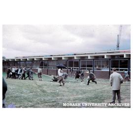 Student prank with water hose