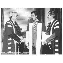 Prince Charles after award of honorary Doctor of Laws with Chancellor Sir Richard Eggleston (left) and Vice-Chancellor Professor Ray Martin