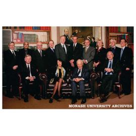 Chief Justice of the Victorian Supreme Court Her Honour Marilyn Warren and Sir Zelman Cowen (seated) with group including Professor Arie Freiberg, Professor Louis Waller, Professor Stephen Parker and Vice-Chancellor Richard Larkins
