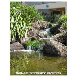 Pond in Forum with Menzies Building in background, Clayton campus
