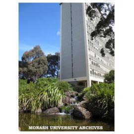 Menzies Building with pond in foreground, Clayton campus