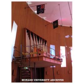 Ronald Sharp pipe organ with Monash University Regiment colours above, Religious Centre, Clayton campus