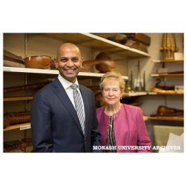Dr Eugene Sebastian, Director of the Australia-Indonesia Centre and Professor Margaret Kartomi, Director of the Music Archive of Monash University (MAMU) with the Sourindro Mohan Tagore Collection of musical instruments