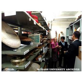 Professor Margaret Kartomi, Director of the Music Archive of Monash University (MAMU), and Ibu Dewi Wahab, Consul-General of Indonesia in Victoria and Tasmania with Indonesian Collection of musical instruments.