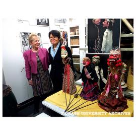 Professor Margaret Kartomi, Director of the Music Archive of Monash University (MAMU), and Ibu Dewi Wahab, Consul-General of Indonesia in Victoria and Tasmania with Wayang Golek puppets from West Java, Indonesia.