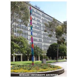 Menzies Building with 'Pole' sculpture by Matthys Gerber in foreground, Clayton campus