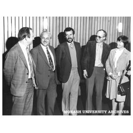 Prof W.A.G. Scott (left), Prof P Fensham (second from right) with Education Research and Development Committee members Prof F Jevons (VC Deakin), Dr C Campbell (Director, Prahran CAE) and Dr B Blackall (Principal, Christ College)