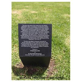 Plaque for Separation Tree, Clayton campus, gift of former Chancellor, Dr Alan Finkel