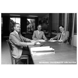 First Board meeting of Montech P/L with University Solicitor & Montech Company Secretary Renn Wortley, Vice-Chancellor Ray Martin and Comptroller Peter Wade (left to right)
