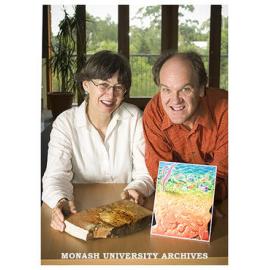 Monash Science Centre Director Professor Pat Vickers-Rich with artist Paul Trusler and his design for Australia Post stamp