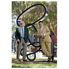Jazz musician Graeme Bell and Albert Dadon with the Jazz Bell Sculpture, donated to the university