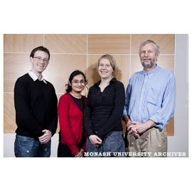Professor Ray Norton (right) of the Monash Institute of Pharmaceutical Sciences with members of his team, Chris MacRaild, Parvathy Ashok and Marie Pedersen