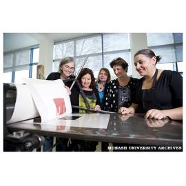 Anna Grieve (second from left) with Marian Crawford, Prof Claudia Terstappen, Sophie Xeros-Constantinides & Antonietta Beehr with personal printing press of the late Australian artist Robert Grieve, donated to the Faculty of Art & Design