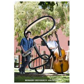The unveiling of the Jazz Bell Sculpture, with music students Sam Hirschfelder (left) and Brendan Tsui