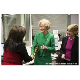 Her Excellency the Governor-General Quentin Bryce AC visiting the Gender, Leadership and Social Sustainability (GLASS) Research Unit, with Professor Margaret Alston (right)