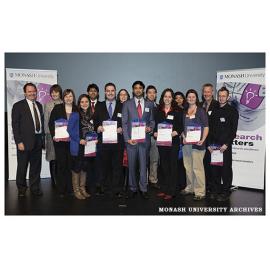 3 Minute Thesis finalists with Professor Peter Dixon, Professor Edwina Cornish and Professor Adam Shoemaker, 2010 Research Matters