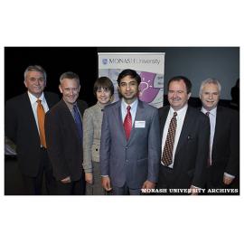 Winner of the 3 Minute Thesis, Bharat Saraf from the School of Business and Economics at Gippsland, with Professor Robert Willis, Professor Adam Shoemaker, Professor Edwina Cornish, Professor Peter Dixon and Professor Max King
