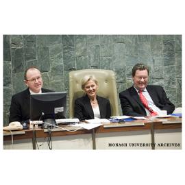 Minister for Foreign Affairs, Alexander Downer (right) on a visit to Monash, with Senior Deputy Vice-Chancellor Professor Stephen Parker and Professor Stephanie Fahey, Deputy Vice-Chancellor (International)