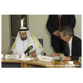 His Highness Sheikh Dr Sultan Bin Mohammed Al-Qassimi, Ruler of Sharjar, signing an agreement with Vice Chancellor Professor Richard Larkins