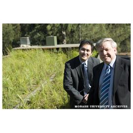 Tony Wong, CEO of the Facility for Advancing Water Biofiltration, with MP Matt Viney, Victorian Parliamentary Secretary for Innovation and Industry at the official opening of a biofilter garden